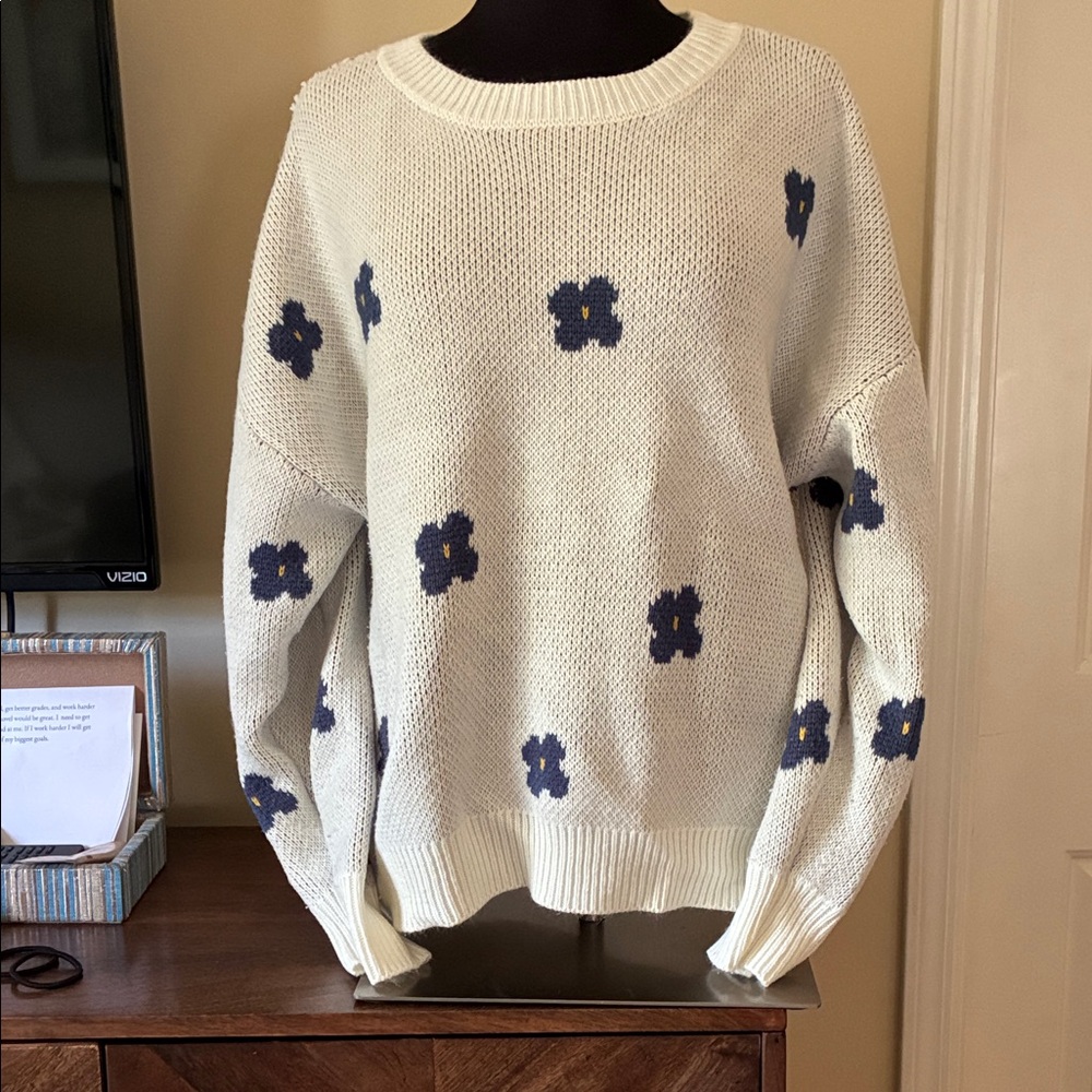 SHEIN Ivory Sweater with Navy Floral Patterns